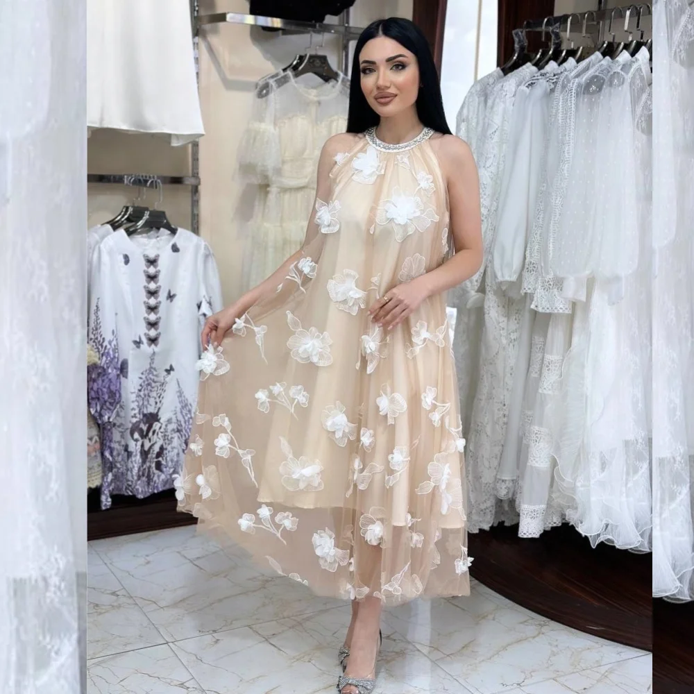 Midi Dress - Customized Net Flower Rhinestone Graduation A-line